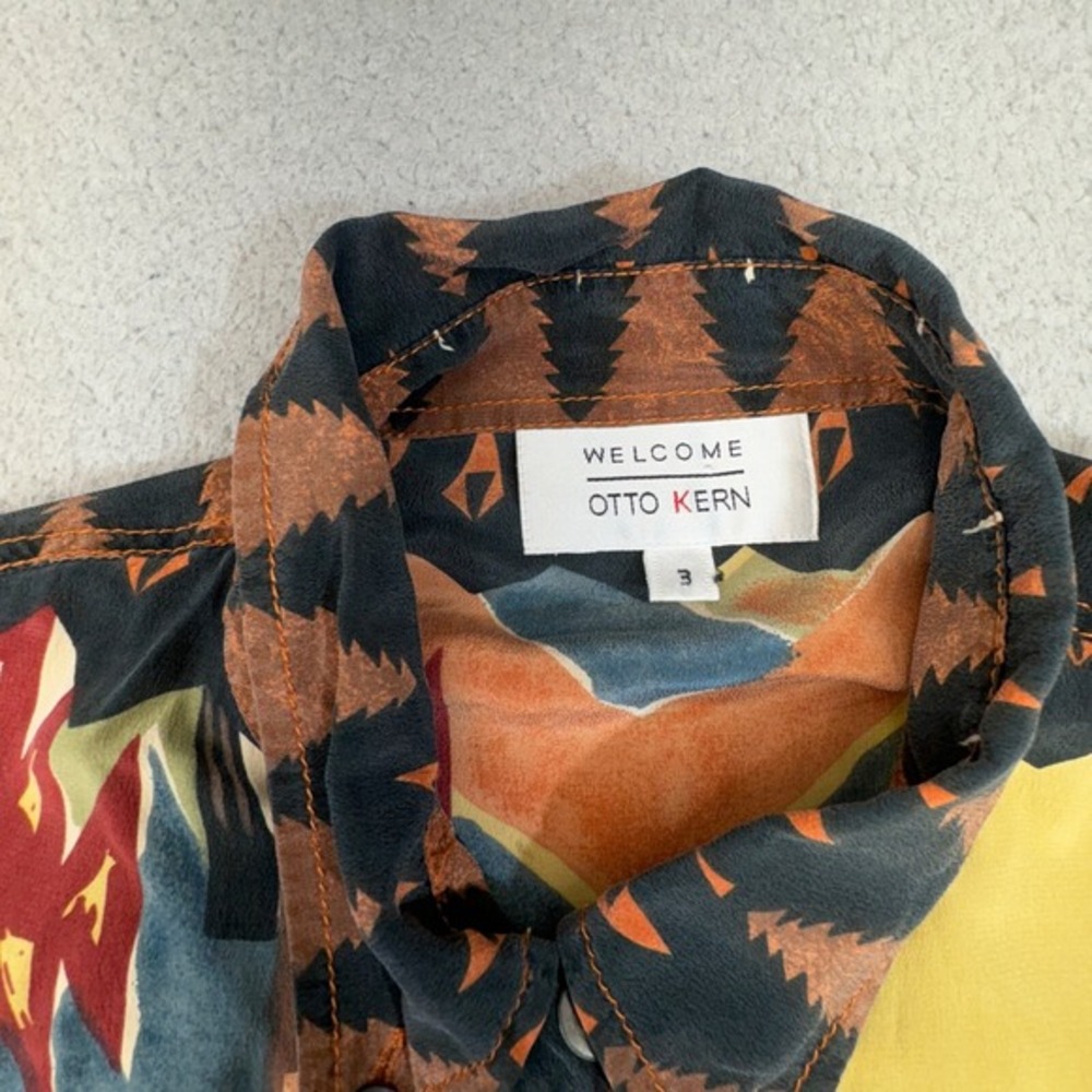VINTAGE Otto Kern Tunic Top Womens 10 Silk Indian Head Horse Art Boho Shirt 90s - Picture 2 of 13